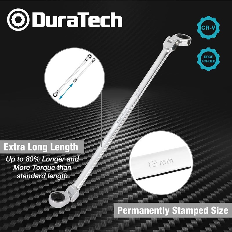 DURATECH 12 * 13 mm Extra Long Flex-Head Ratcheting Wrench, Metric, CR-V Steel - Image 2